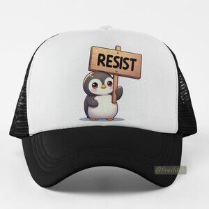 🆕Penguin Resist Sign Foam Trucker Hat Mesh Snapback Cap Black/White